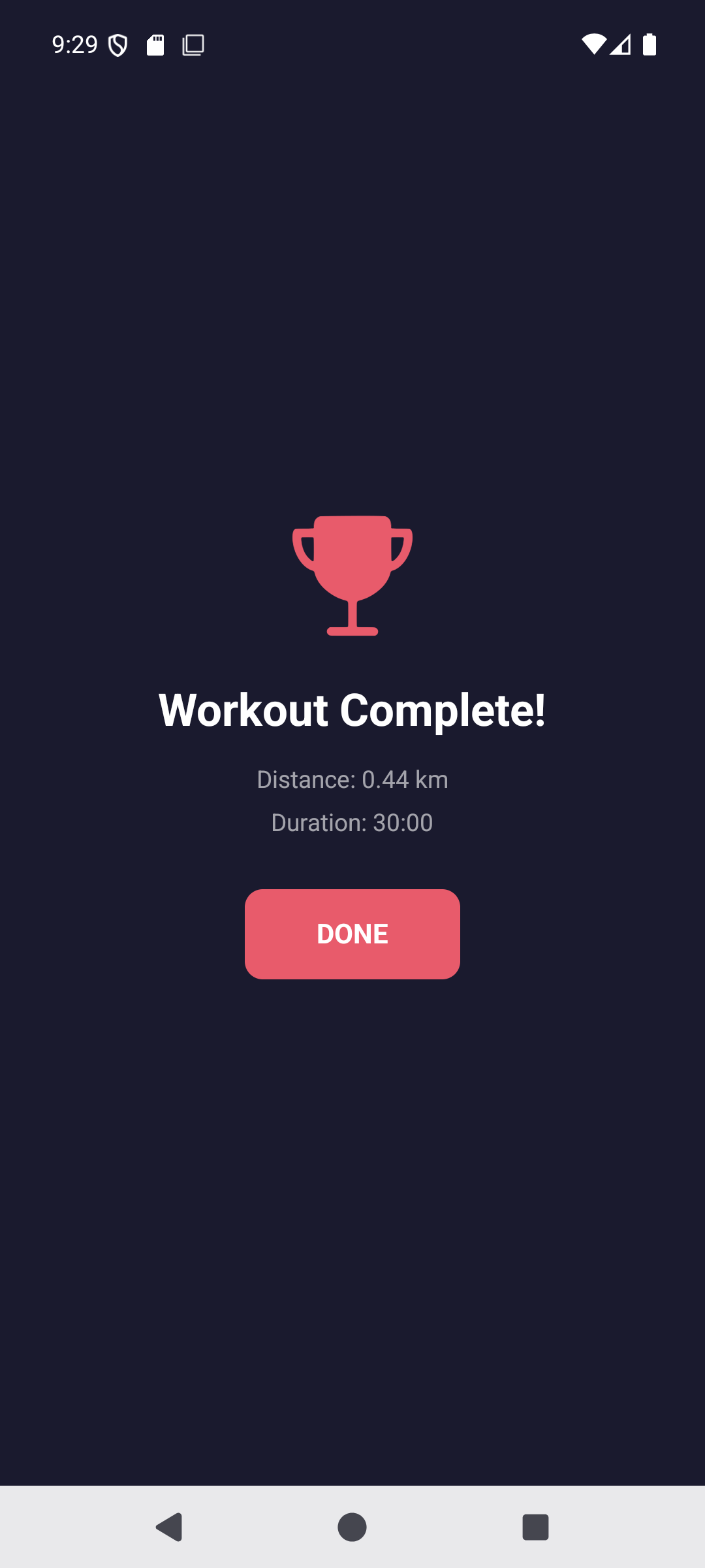 Workout completion screen