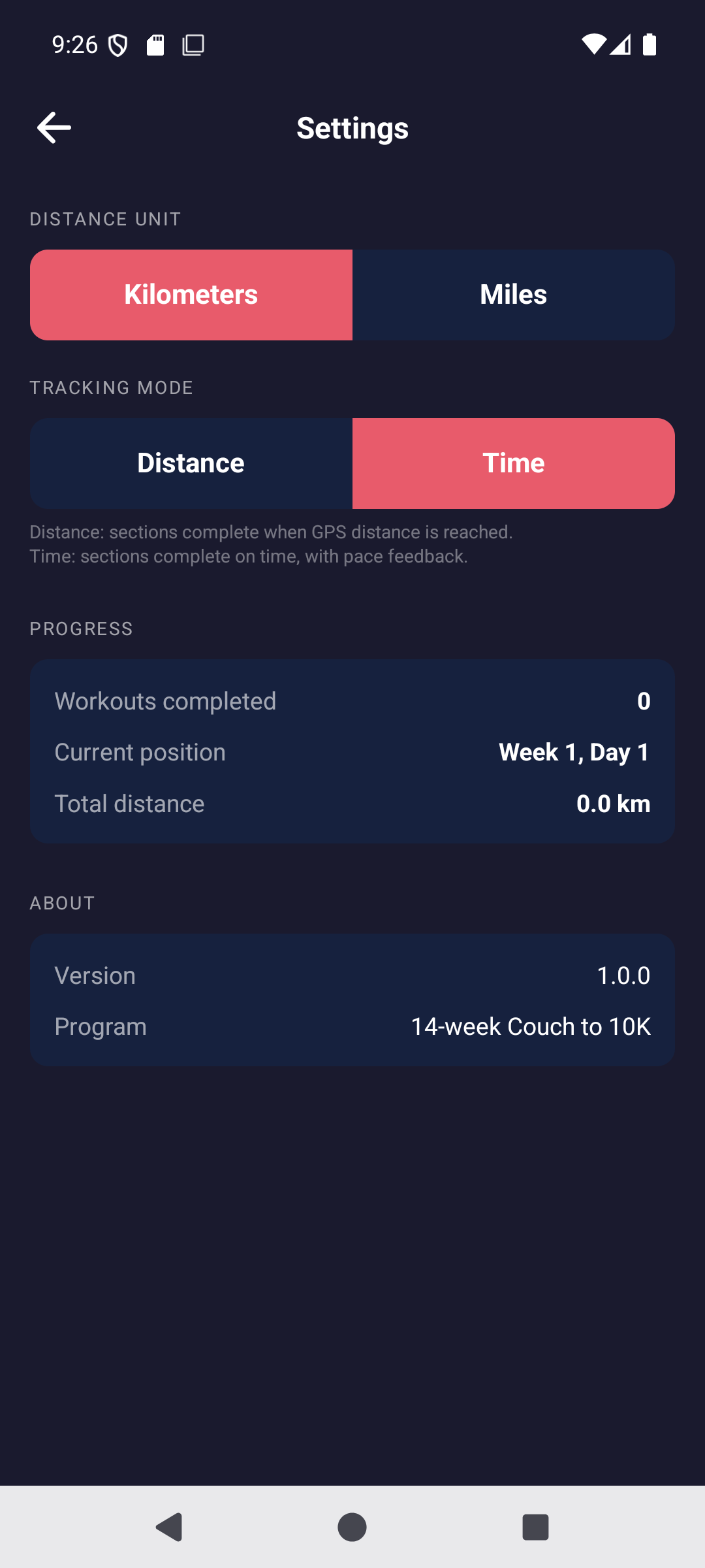 Settings screen with tracking mode and progress