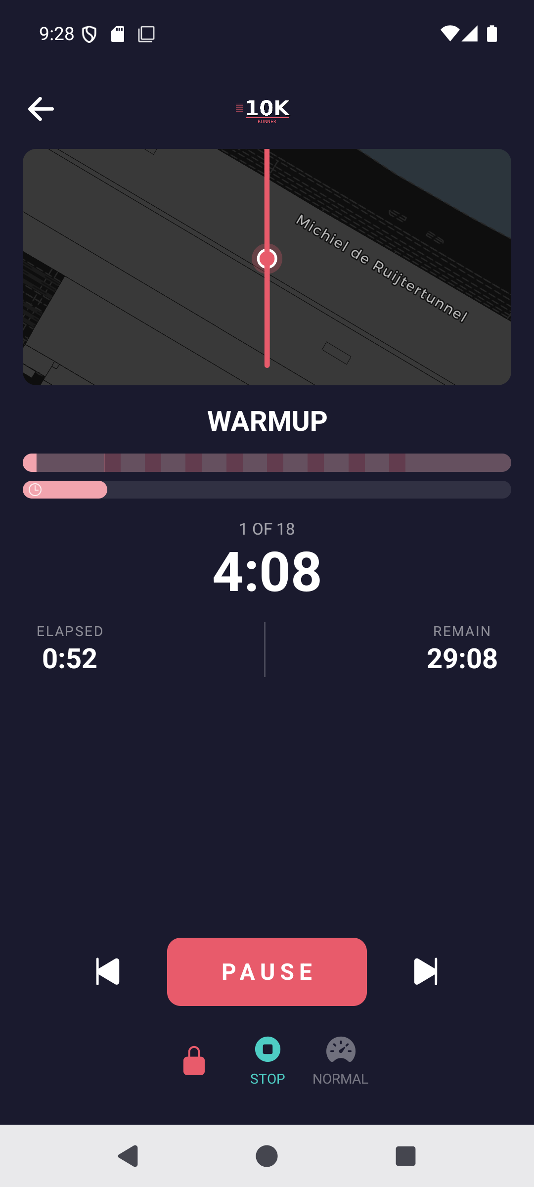 Active workout screen with timer and map